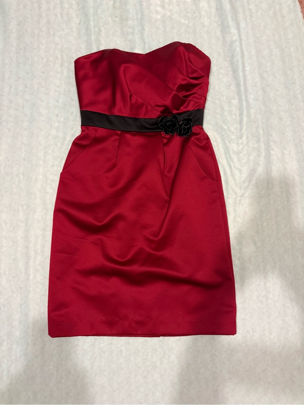 David's Bridal Strapless Red Cocktail Dress with Black Waist Sash